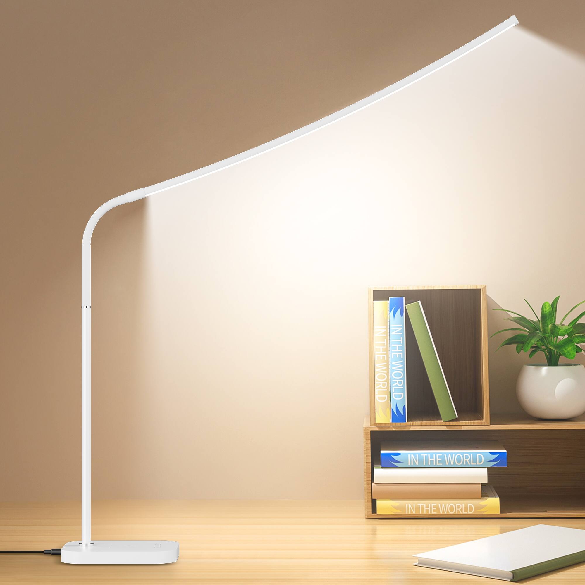 KEINVE - Desk Lamp with Wireless Charger, Adjustable Gooseneck, 3 Modes & 10 Color Temperatures, 1000LM Brightness - White