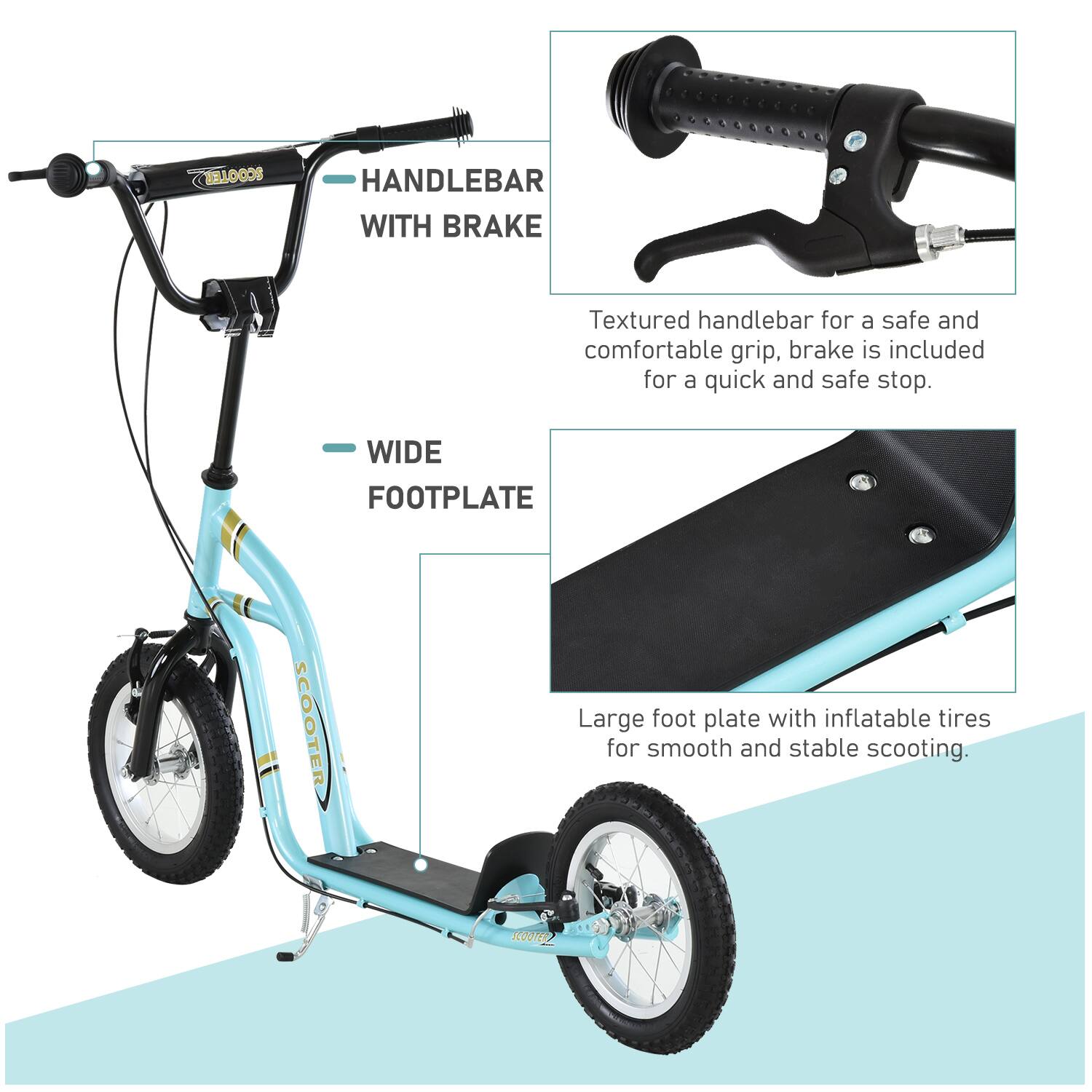 **ELOCOS HANDLEBAR WITH BRAKE**  
Textured handlebar for a safe and comfortable grip, brake is included for a quick and safe stop.

**WIDE FOOTPLATE**  
Large foot plate with inflatable tires for smooth and stable scooting.