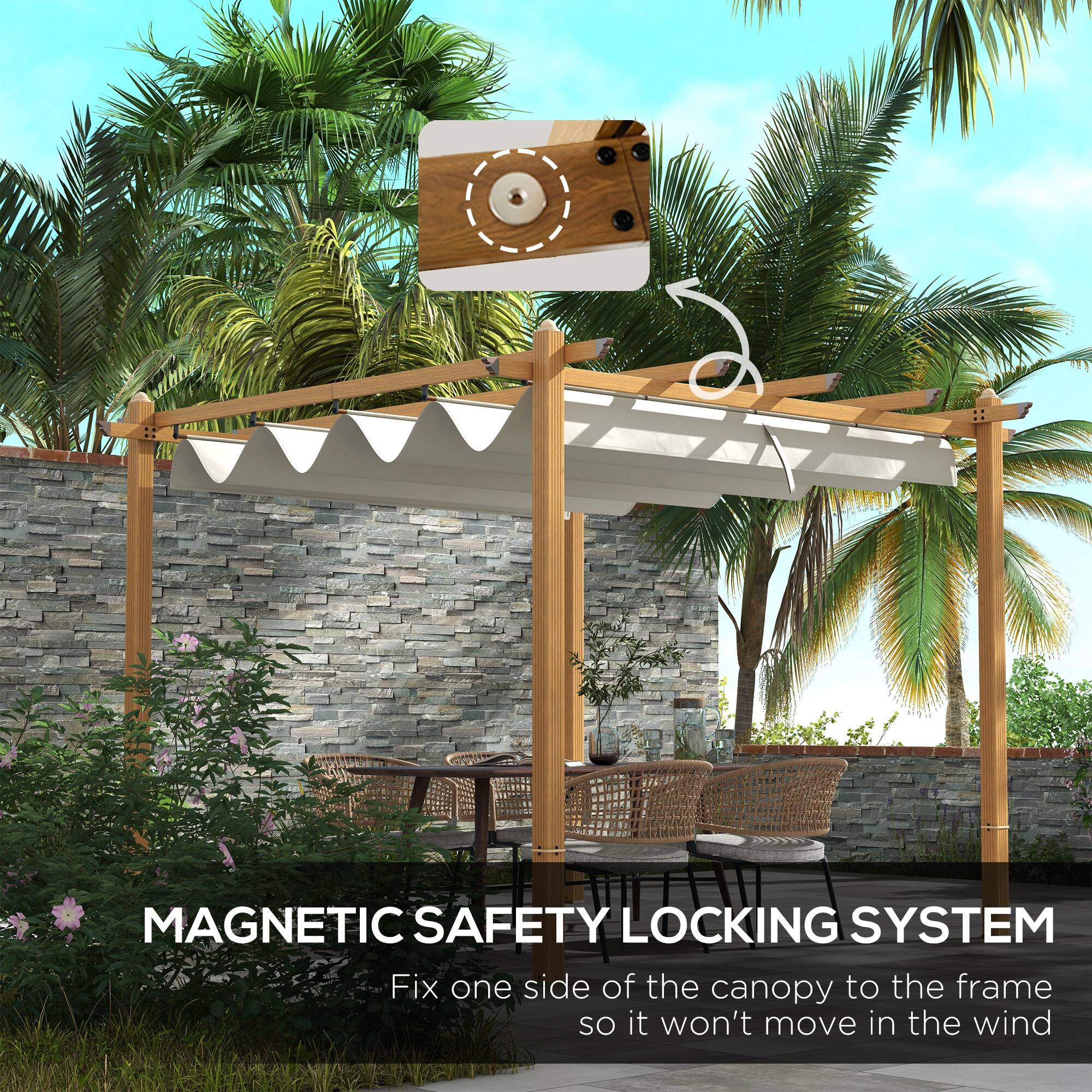 MAGNETIC SAFETY LOCKING SYSTEM
Fix one side of the canopy to the frame so it won't move in the wind