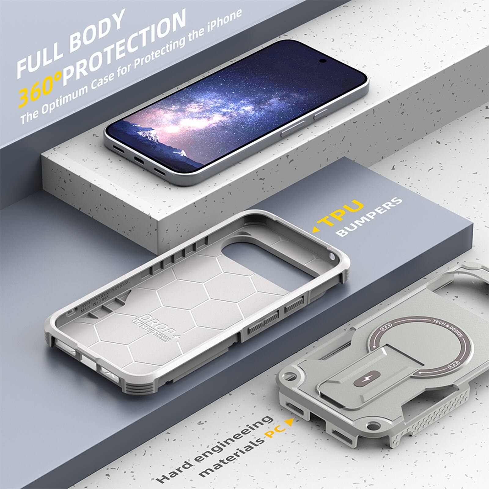 FULL BODY 360° PROTECTION  
The Optimum Case for Protecting the iPhone  

TPU BUMPERS  

Hard engineering materials PC  

DROP TESTED  

Adden CC TECH . DESIGN
