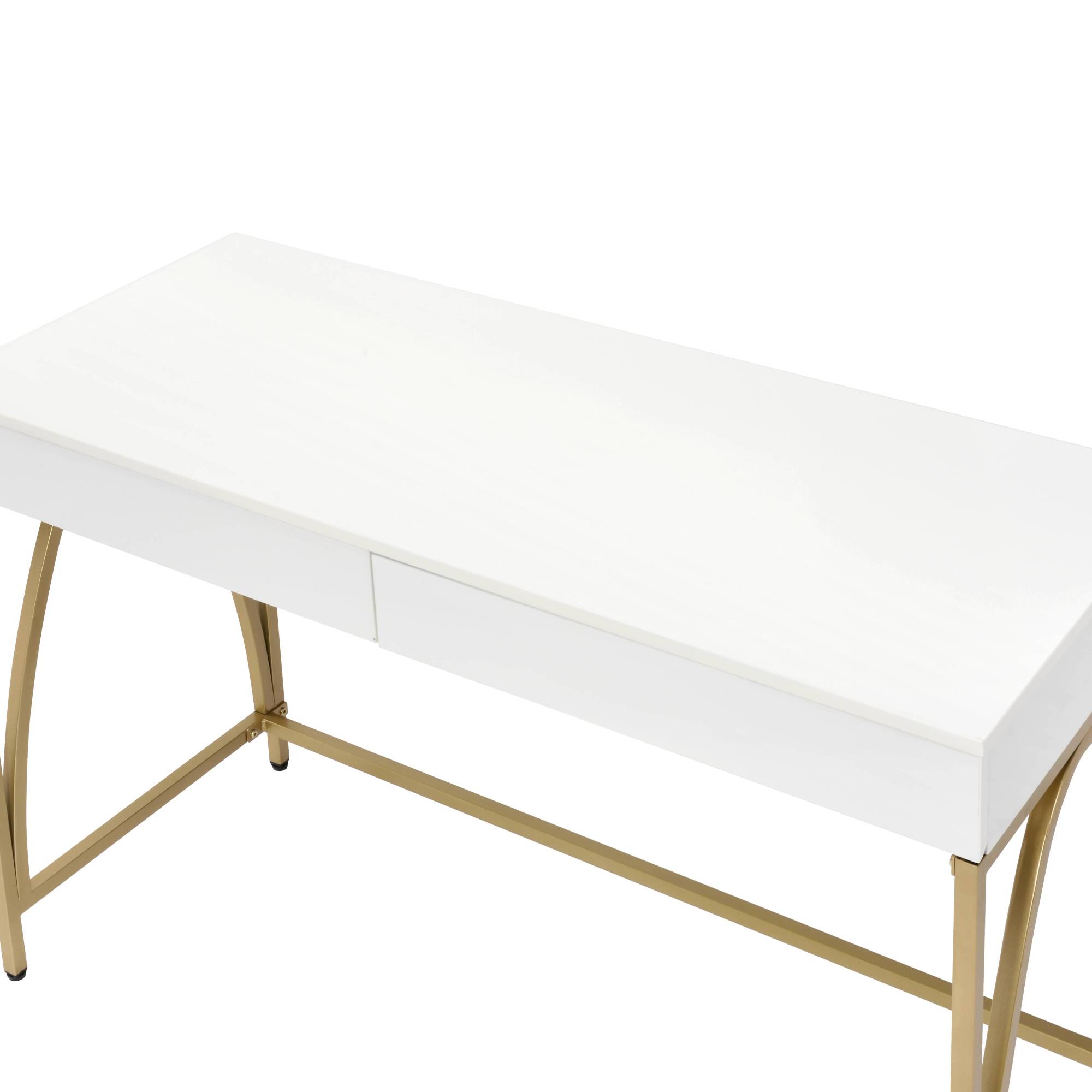 Alt View 1. GOODSILO - Contemporary Writing Desk with Metal Legs and Dual Storage Drawers for Home Office - Gold+White.