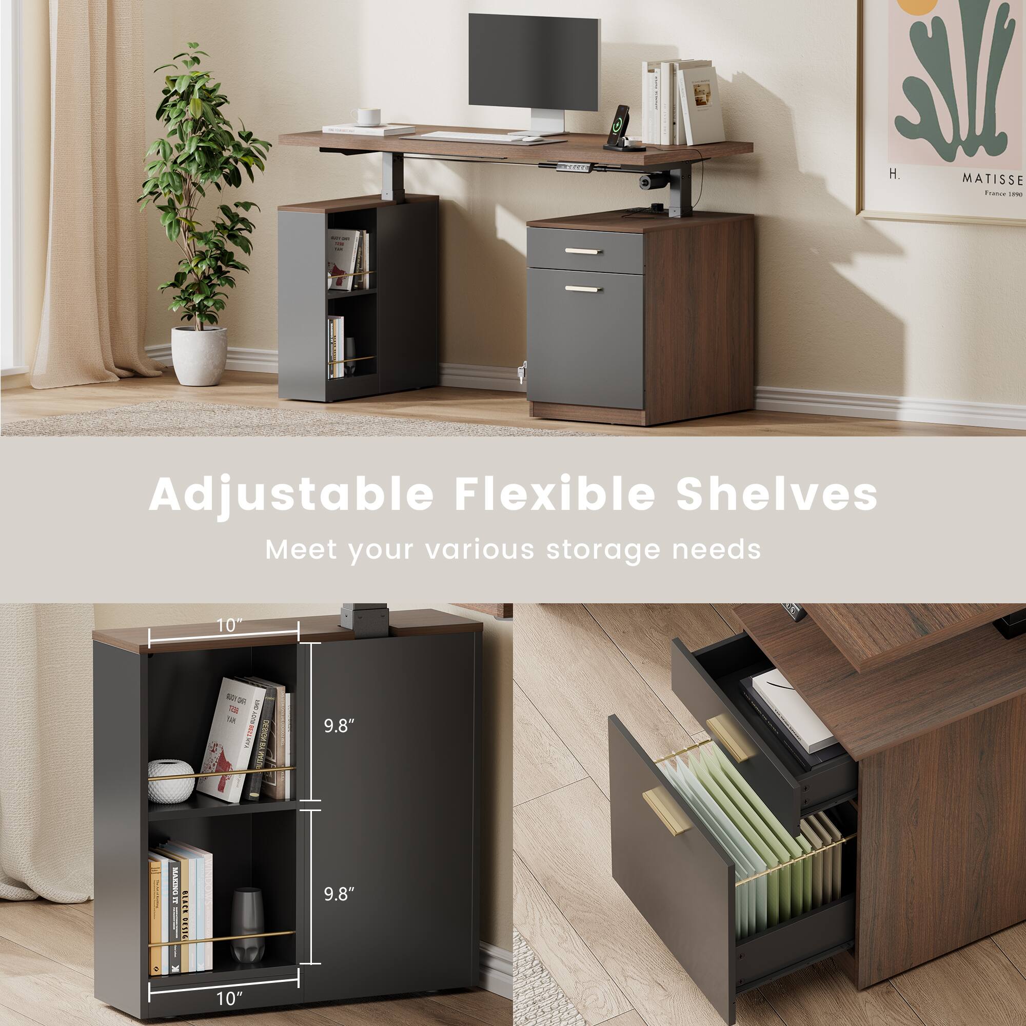 Adjustable Flexible Shelves  
Meet your various storage needs  

- 10"  
- 9.8"  
- 9.8"  
- 10"