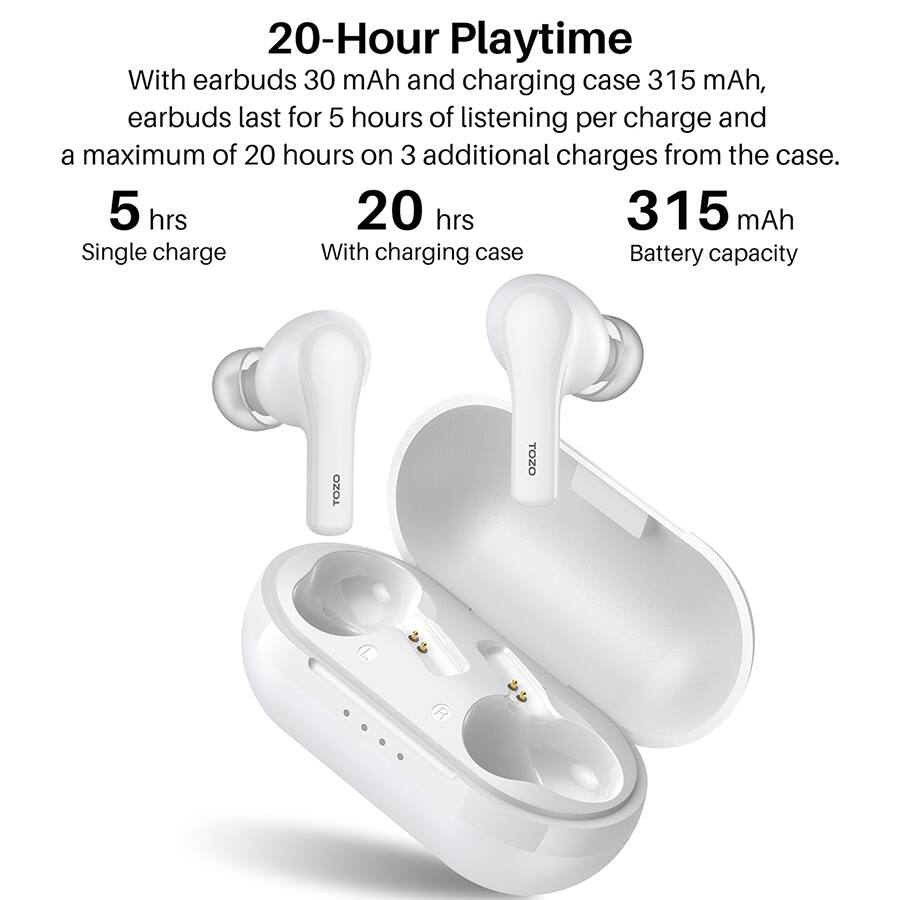 20-Hour Playtime
With earbuds 30 mAh and charging case 315 mAh, earbuds last for 5 hours of listening per charge and a maximum of 20 hours on 3 additional charges from the case.

5 hrs
20 hrs
315 mAh

Single charge
With charging case
Battery capacity
TOZO R
