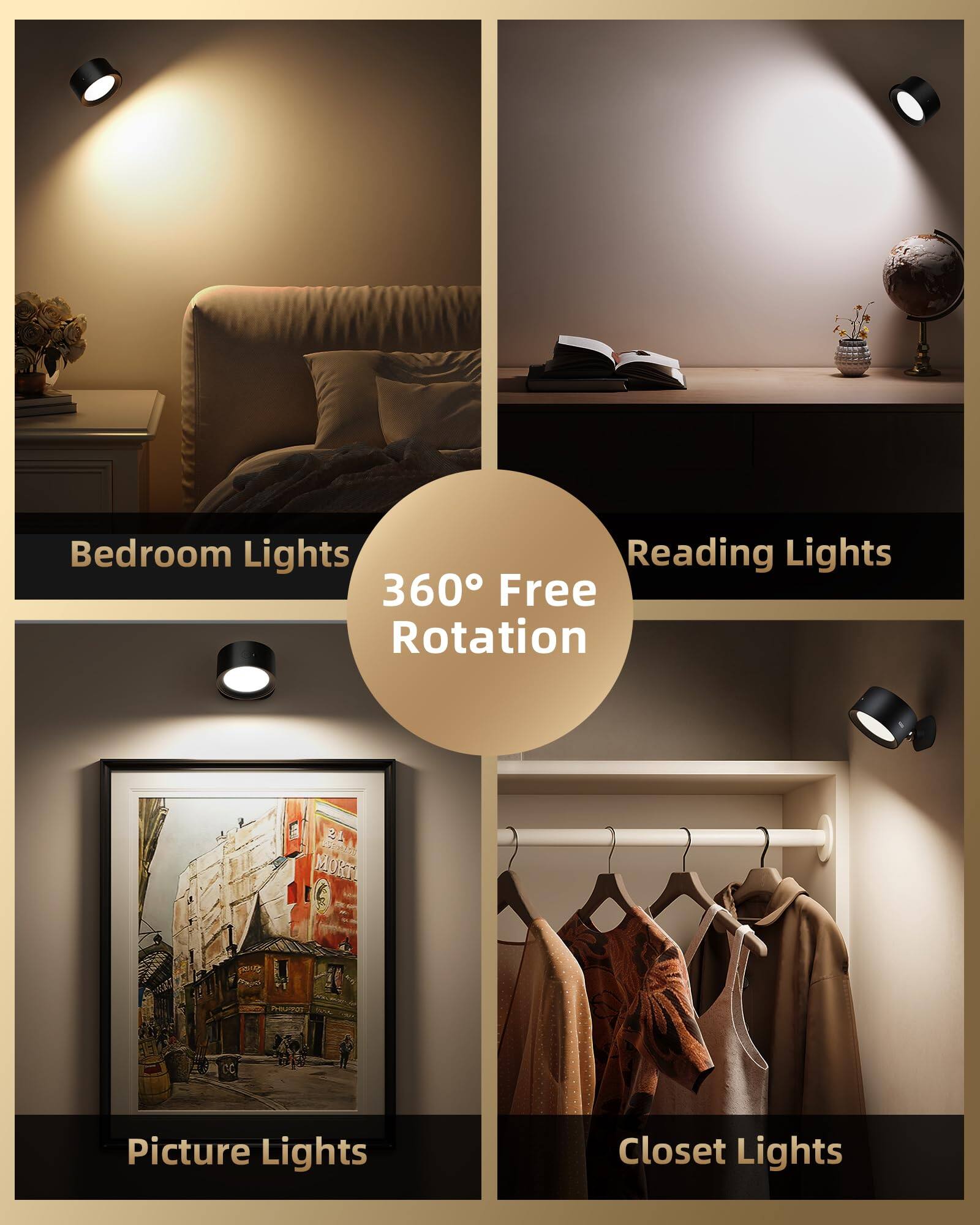 - Bedroom Lights
- Reading Lights
- Picture Lights
- Closet Lights

360° Free Rotation