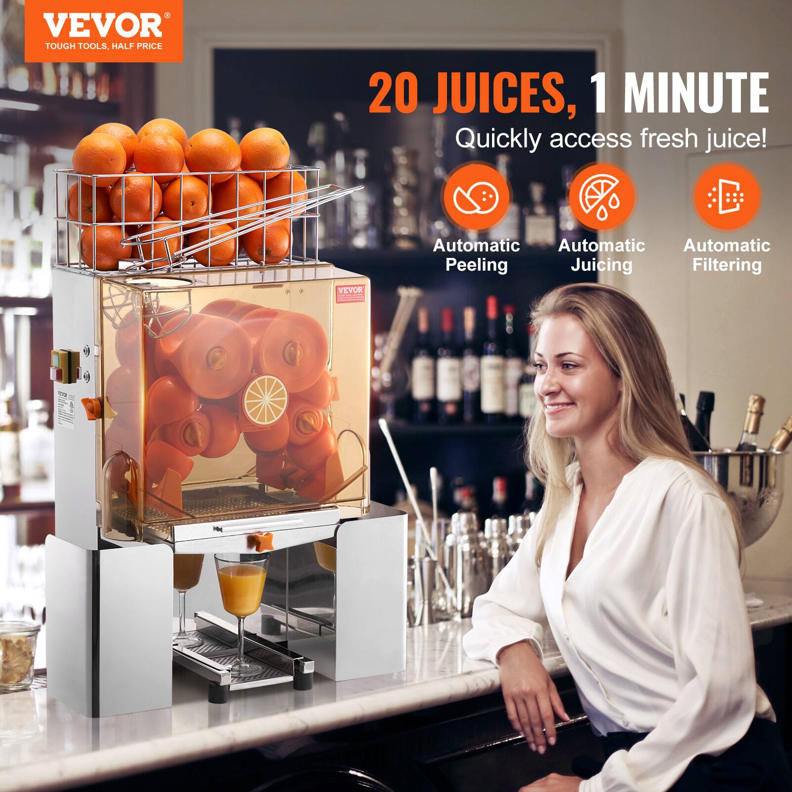 VEVOR  
TOUGH TOOLS, HALF PRICE  

20 JUICES, 1 MINUTE  
Quickly access fresh juice!  

Automatic Peeling  
Automatic Juicing  
Automatic Filtering