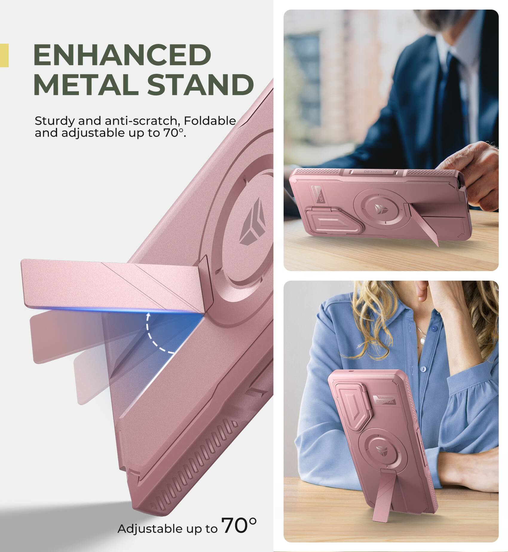 ENHANCED METAL STAND, Sturdy and anti-scratch, Foldable and adjustable up to 70°, Adjustable up to 70°