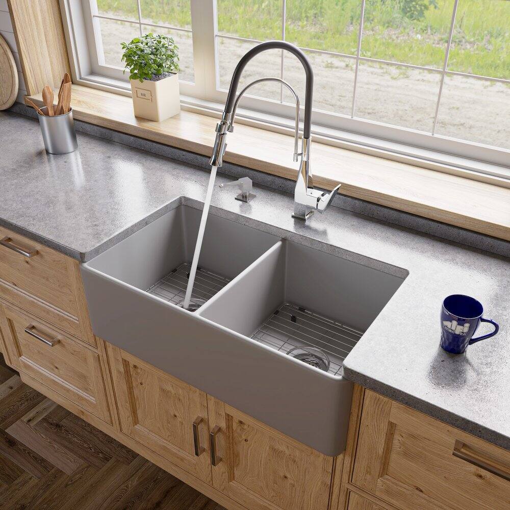 Angle. Alfi - Gray Matte Smooth Apron 33" x 18" Double Bowl Fireclay Farm Sink - Gray.
