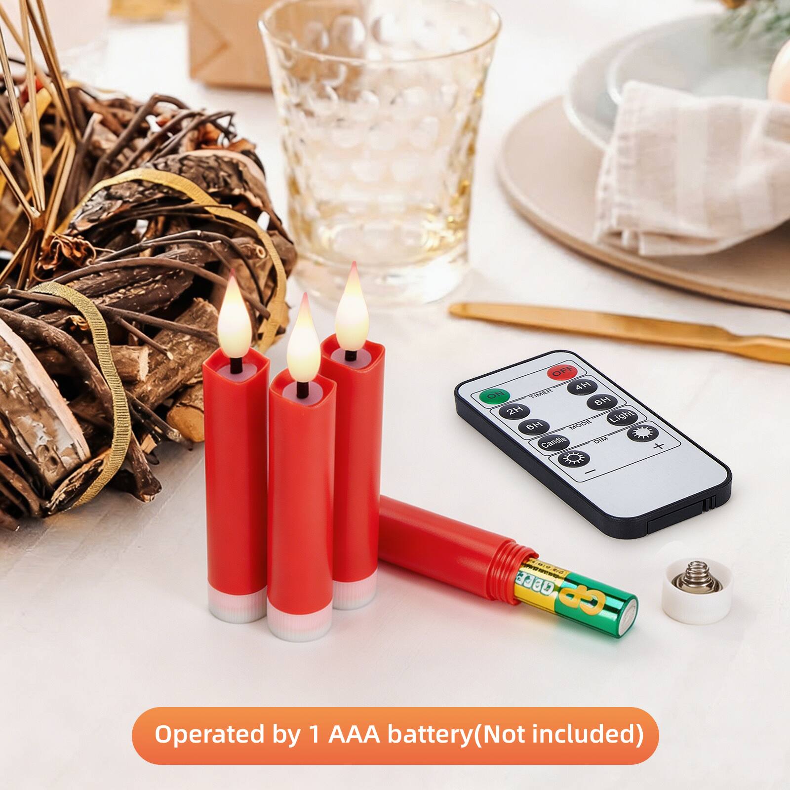 OFF 4H ON TIMER 8H 2H Light MODE Candle DIM

Operated by 1 AAA battery (Not included)