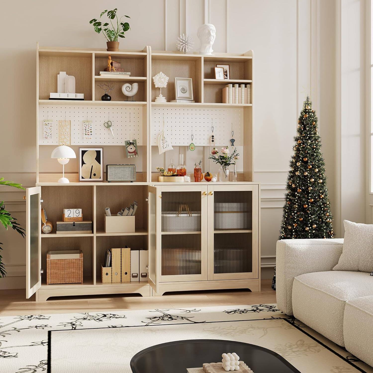 Left. GARVEE - 71 in Pantry Storage Cabinet with Doors, Kitchen Storage Cabinets with DIY Pegboard & Adjustable Shelves , Wood color - Natural.