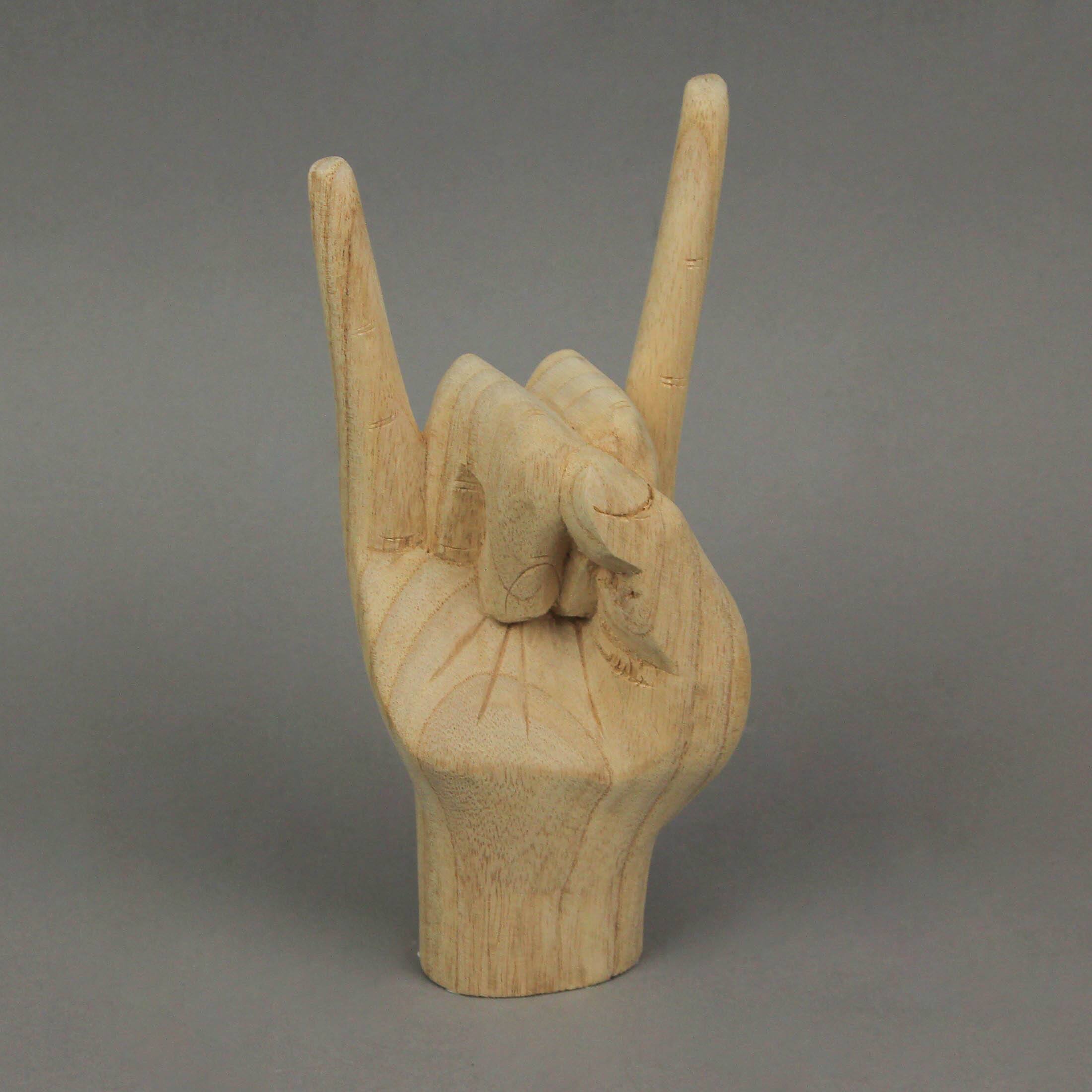 Alt View 5. Zeckos - Carved Wooden Rock On Devil Horns Hand Gesture Statue Natural Finish Home Decor - Brown.