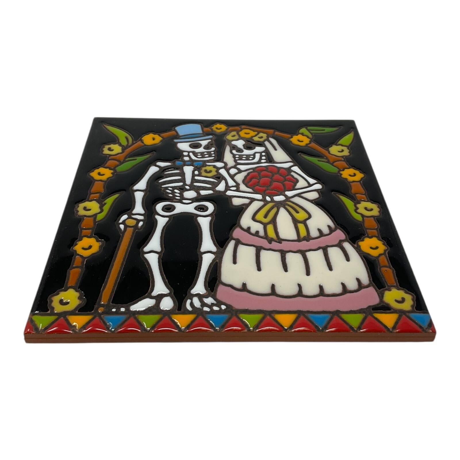 Angle. Earthtones Tile - Earthtones Day of the Dead Wedding Couple 6X6 Hand Glazed Decorative Tile or Kitchen Trivet - Multicolor.