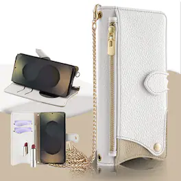 Dteck - Crossbody Wallet Case for Google Pixel 10a, Elegant Zipper PU Leather Folio Stand Protective Cover, Built-in Mini Mirror - White