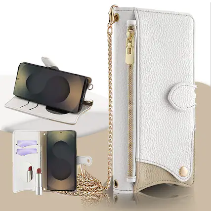 Front. Dteck - Crossbody Wallet Case for Google Pixel 10a, Elegant Zipper PU Leather Folio Stand Protective Cover, Built-in Mini Mirror - White.