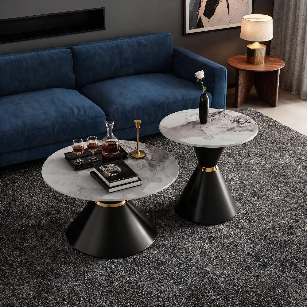 Alt View 4. Loheer - Loheer Round Nesting Coffee Table Set of 2 Sintered Stone Top Black Pedestal Base - Black and Gold.
