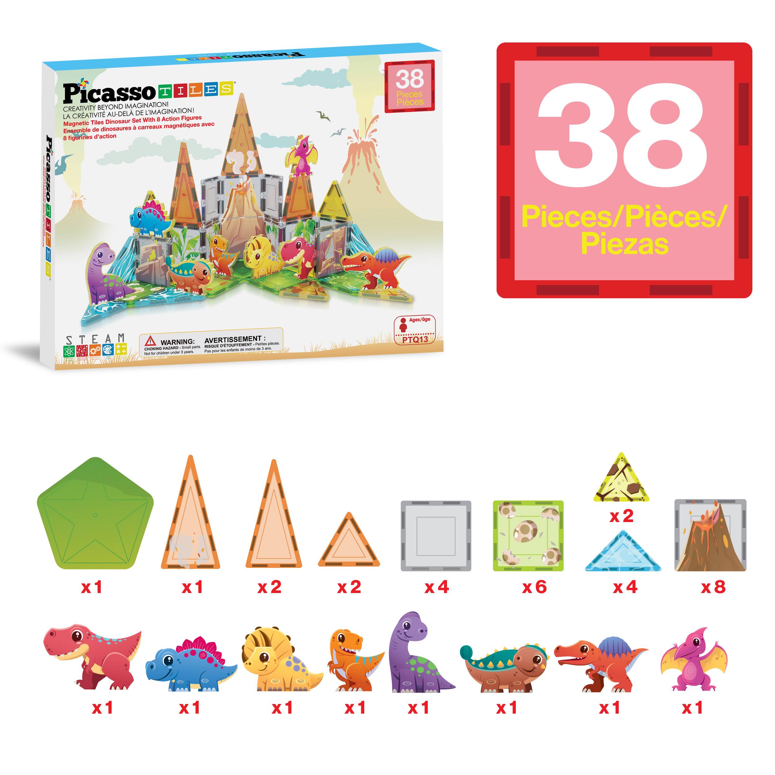 Picasso Tiles  
Creativity Beyond Imagination  
La Créativité Au-Dela De L'Imagination  
Magnetic dinosaur set with magnetic figures  
8 Figures de dinosaures avec 8 figures magnétiques  
STEAM  
WARNING: AVERTISSEMENT - Small parts. Not for children under 3 years.  
38 Pieces/Pièces/Piezas  

38  
Pieces/Pièces/Piezas  

- 1 x Green hexagon  
- 1 x Orange triangle  
- 2 x Orange triangles  
- 4 x Gray squares  
- 6 x Green squares with dinosaur faces  
- 4 x Blue triangles  
- 8 x Volcano pieces  
- 1 x Red dinosaur  
- 1 x Blue dinosaur  
- 1 x Yellow dinosaur  
- 1 x Orange dinosaur  
- 1 x Purple dinosaur  
- 1 x Green dinosaur  
- 1 x Red dinosaur with wings  
- 1 x Purple dinosaur with wings