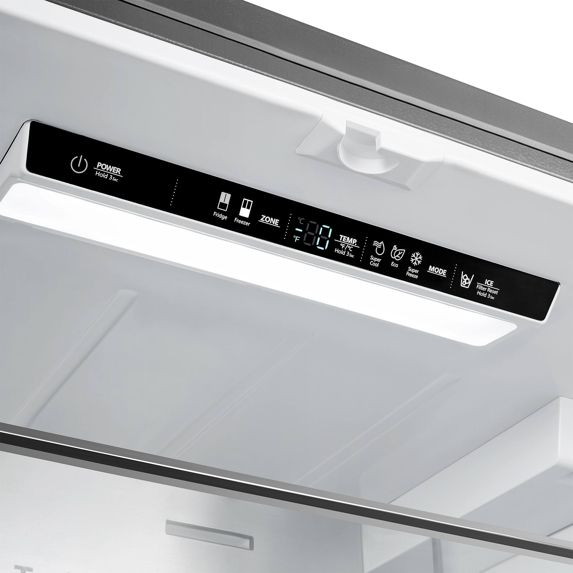 Hold POWER Sec I Fridge ZONE Freezer 'F TEMP Hold 4PC 35M Super Cool X Foo Super MODE Hz ICE Filte Reset Hold Fle M I
