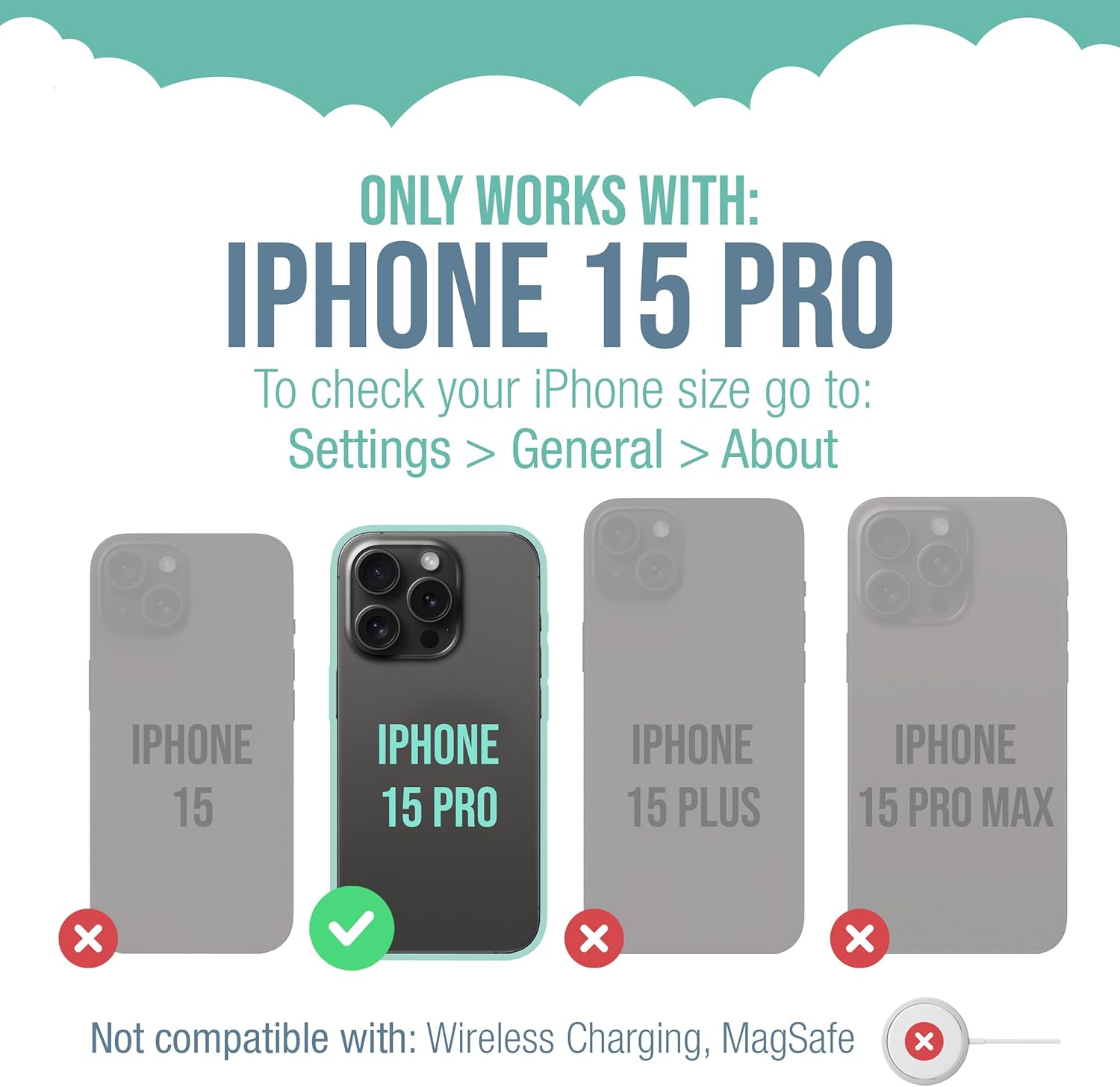 ONLY WORKS WITH: IPHONE 15 PRO

To check your iPhone size go to: Settings > General > About

IPHONE 15
IPHONE 15 PRO
IPHONE 15 PLUS
IPHONE 15 PRO MAX

Not compatible with: Wireless Charging, MagSafe