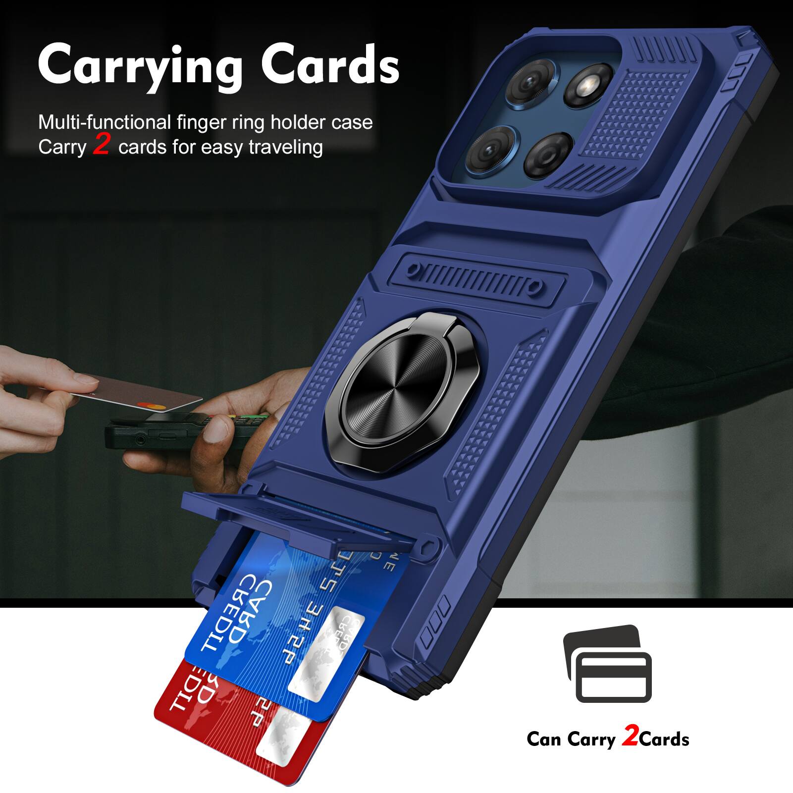 Carrying Cards

Multi-functional finger ring holder case
Carry 2 cards for easy traveling

Can Carry 2 Cards