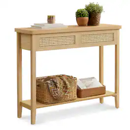Songmics Home - Console Table, Sofa Table, Narrow Entryway Table, Entry Table with 2 Drawers, Open Storage Shelf, Rounded Corners - Oak Beige