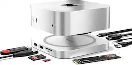 Macally - Mac mini M4 Dock and Stand, Mac mini M4 Hub with M.2 NVMe Enclosure, 4K HDMI 60hz, 3 USB A,10Gbps USB C Data Por - Silver