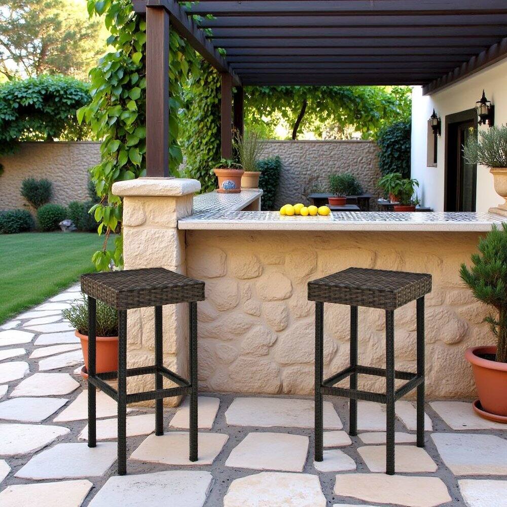 Alt View 3. Outdoor Escape - Brown Wicker Bar Stools Set of 2 with Patio Seating for Outdoor Gatherings - Brown.