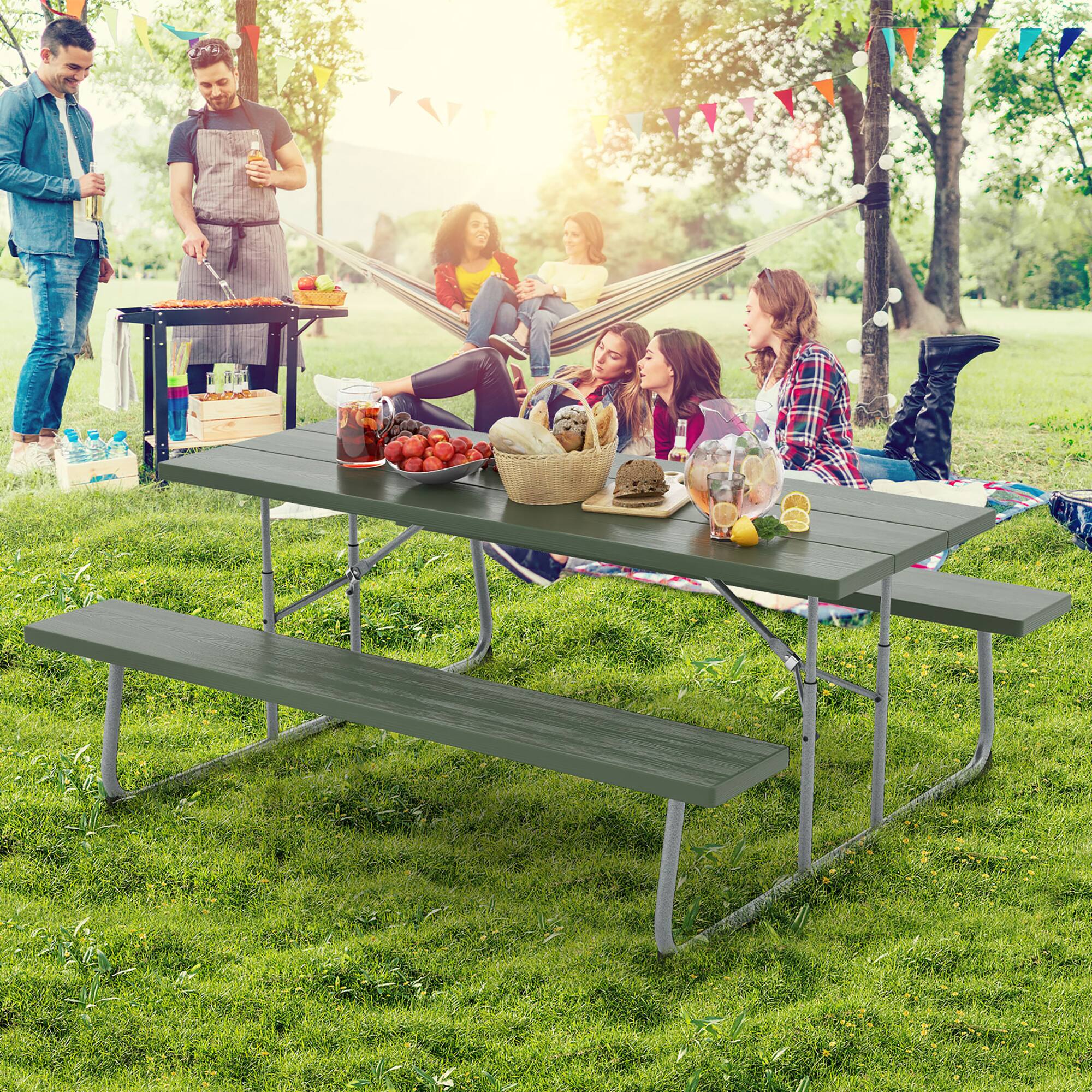 Alt View 3. Gymax - Gymax Folding Picnic Table w/ 2 Benches 6 FT Camping Table Set w/ All-Weather HDPE Tabletop Green - Green.