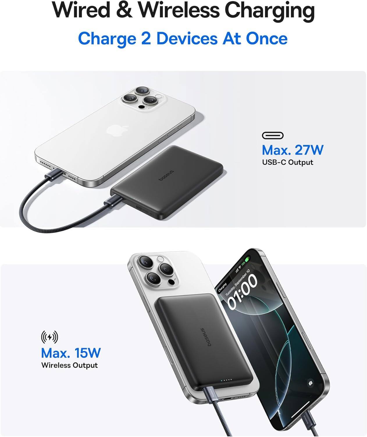 Wired & Wireless Charging  
Charge 2 Devices At Once  

Max. 27W USB-C Output  
Max. 15W Wireless Output  

Tuesday, September 10  
01:00