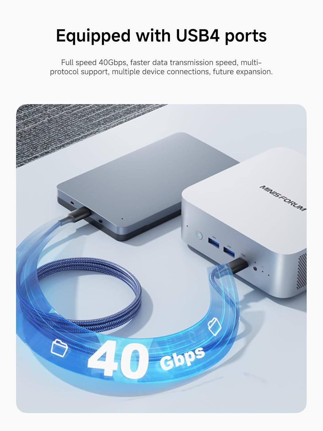 Equipped with USB4 ports  
Full speed 40Gbps, faster data transmission speed, multi-protocol support, multiple device connections, future expansion.  
MINISFORUM 40 Gbps