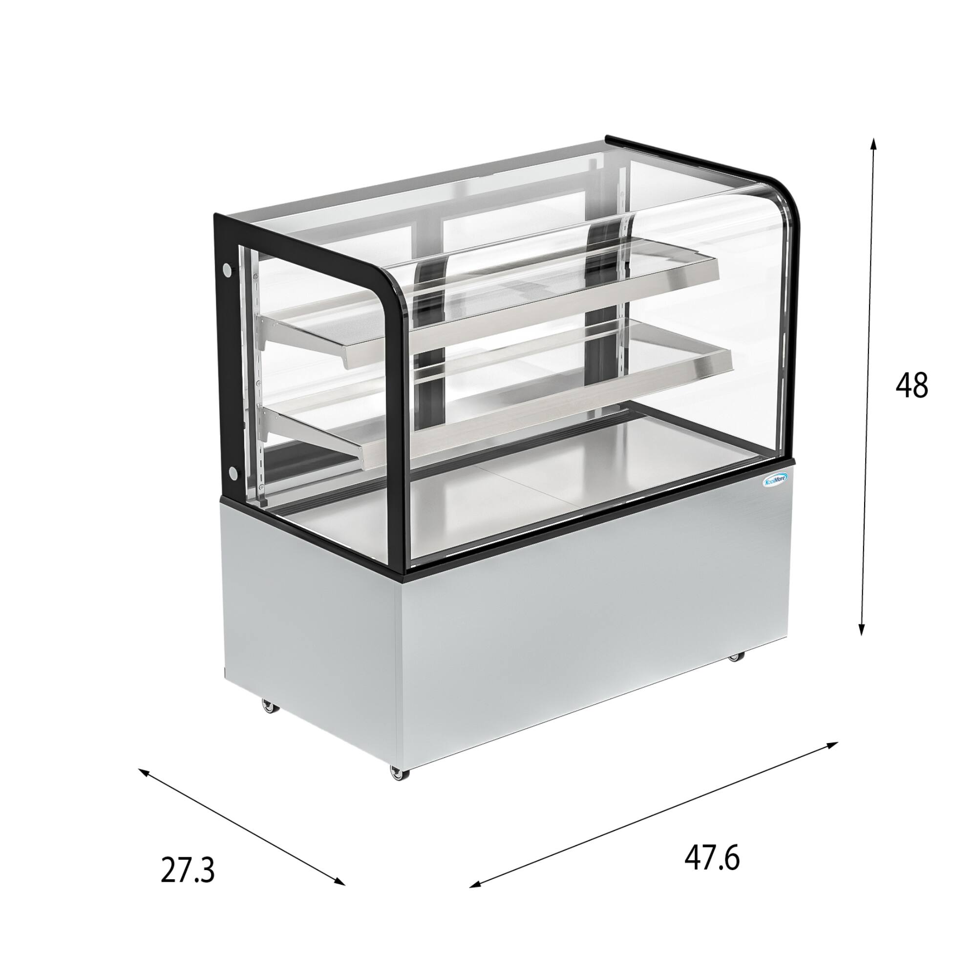 The text on the image reads "48 27.3 47.6". This indicates that the height of the glass display case is 48 inches, and the dimensions of the case are 27.3 inches by 47.6 inches.
