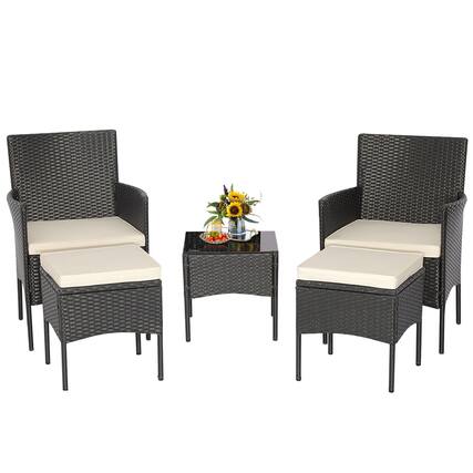 Front. Gymax - Gymax 5PCS Outdoor Rattan Wicker Sofa Set Patio Conversation Set w/ 2 Ottomans - Off White.