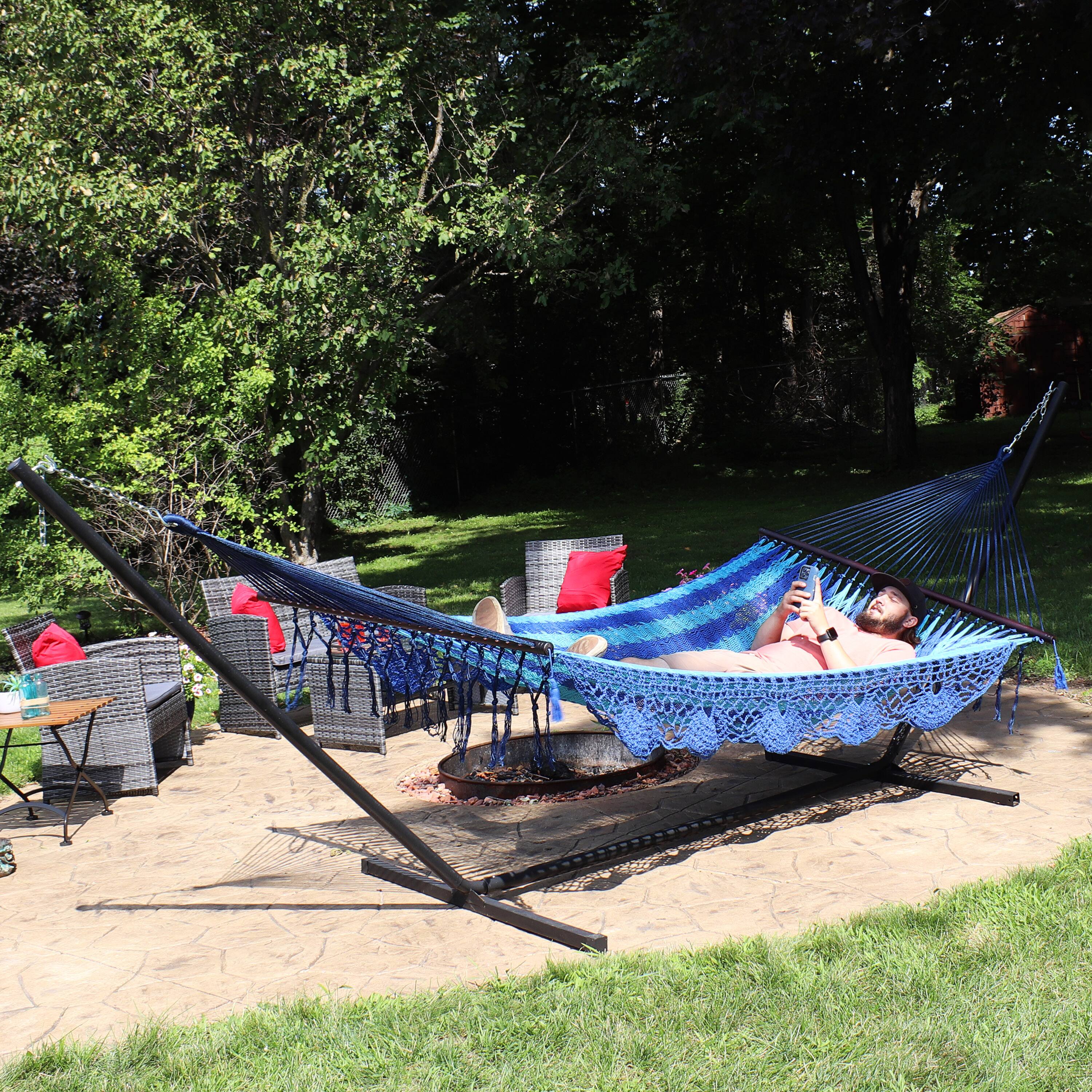 Alt View 4. Sunnydaze - 2-Person Cotton/Nylon Hammock with Steel Stand and Fringe - Blue.