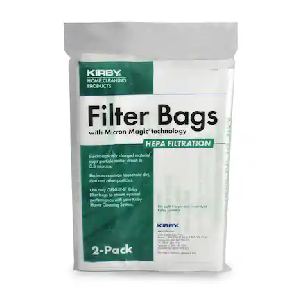 2018 KIRBY. HOME CLEANING PRODUCTS Filter Bags with Micron Magic technology 1 PA FILTRATION Electrostatically charged material traps 0.3 microns. particle matter down to Reduces common household dirt, dust and other particles. Use only GENUINE Kirby filter bags to ensure optimal performance with your Kirby Home Cleaning System. Fits both F-style and twist-style Kirby systems 2-Pack KIRBY www.kirby.com USA -800-437-7170 Russie 7 800 500 1 46 7 83 Eumope 00 B00 547 292 72 UE OROO32 24 Ausol 800-781-536 South Africa 800-203-222 The Kirby Company Cleveland OH
