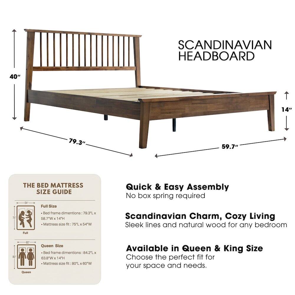 SCANDINAVIAN HEADBOARD

40" 14" 79.3" 59.7" 75

THE BED MATTRESS SIZE GUIDE

Full Size Bed frame dimensions: 79.3"L x 58.7"W x 14"H
Mattress size fit: 75"L x 54"W

Queen Size Bed frame dimensions: 84.2"L x 63.8"W x 14"H
Mattress size fit: 80"L x 60"W

Quick & Easy Assembly
No box spring required

Scandinavian Charm, Cozy Living
Sleek lines and natural wood for any bedroom

Available in Queen & King Size
Choose the perfect fit for your space and needs.