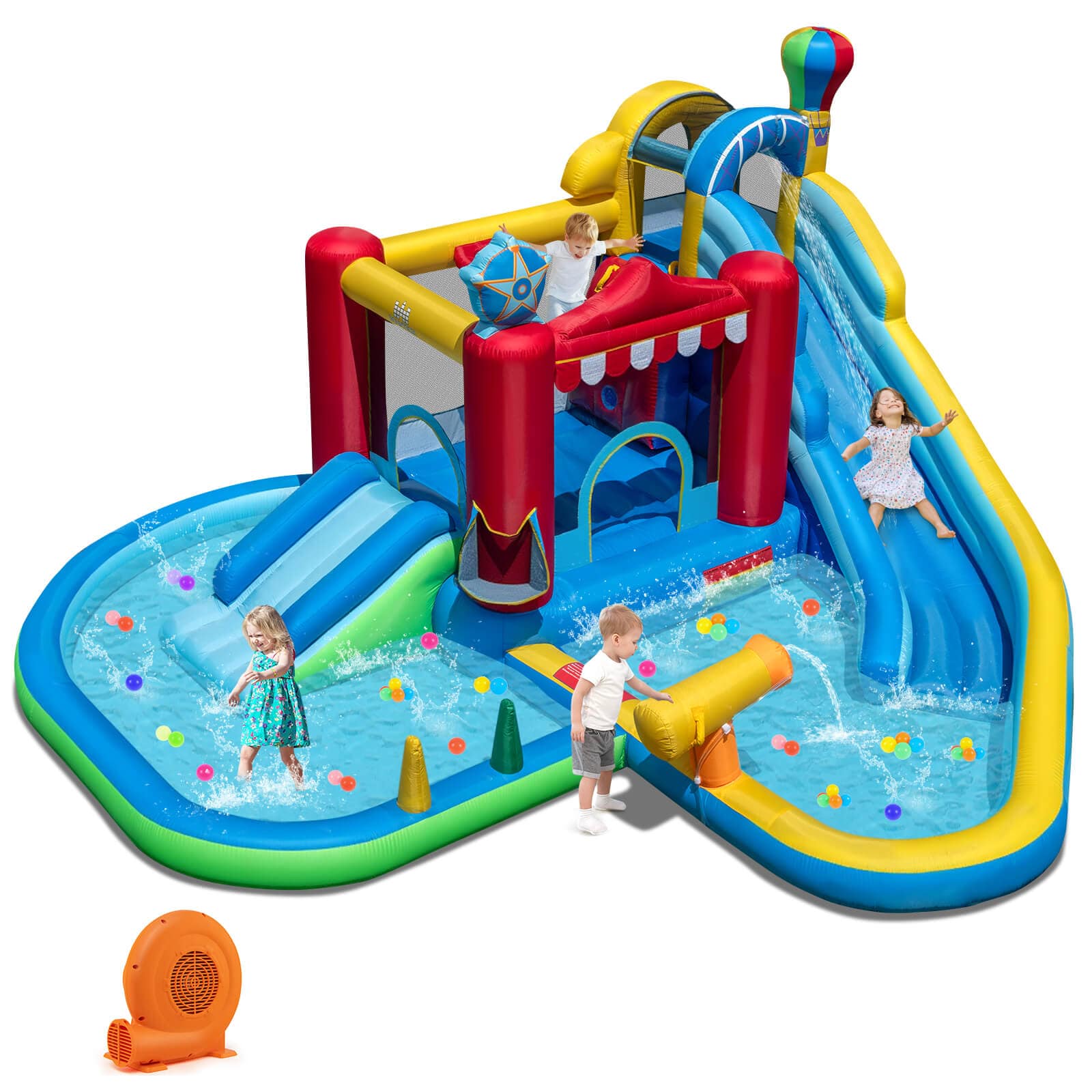 Costway - Inflatable Water Park with Splash Pool, Water Cannon, Basketball Rim, 750W Blower - Multi-Color