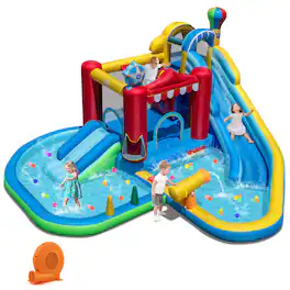 Costway - Inflatable Water Park with Splash Pool, Water Cannon, Basketball Rim, 750W Blower - Multi-Color