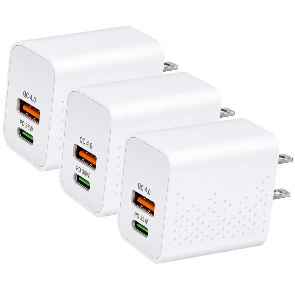 Qixxronics - [3PCS] 35W Fast Wall Charger, USB-C USB-A Port, Fast Power Adapter for iPhone, Galaxy, Pixel, iPad, AirPods - White
