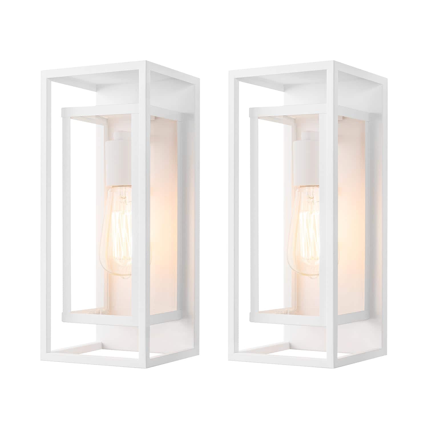 VEGA AUTOMOTIVE - 14 Classic Outdoor Wall Sconce 1 Light In Rectangular Metal Frame And Glass Shade Waterproof Porch Patio Pack - Matte White 14-inch