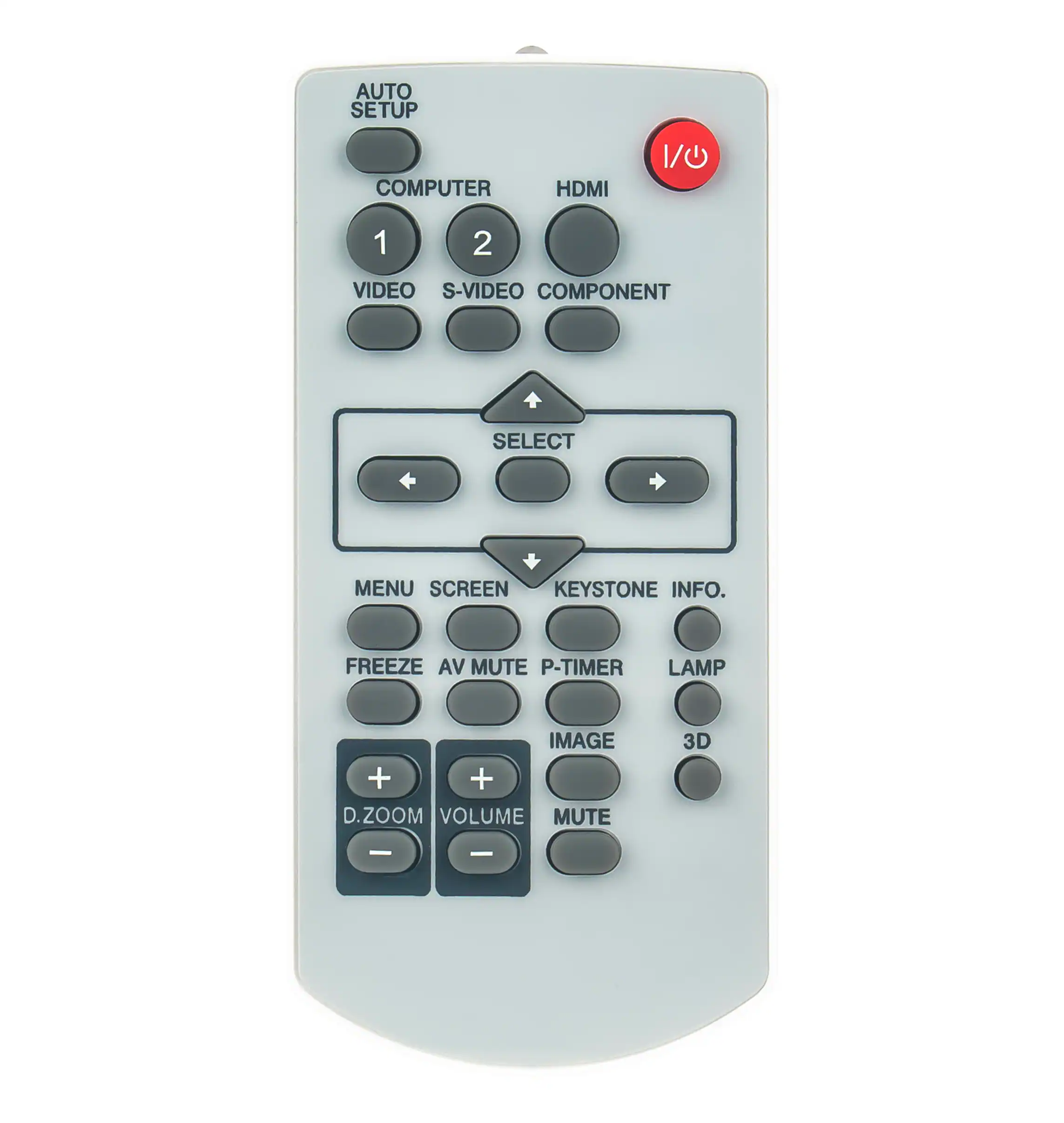 AUTO SETUP  
COMPUTER 1 2  
VIDEO S-VIDEO COMPONENT  
HDMI  
SELECT  
MENU SCREEN  
KEYSTONE INFO.  
FREEZE AV MUTE P-TIMER LAMP  
IMAGE 3D  
D.ZOOM VOLUME MUTE