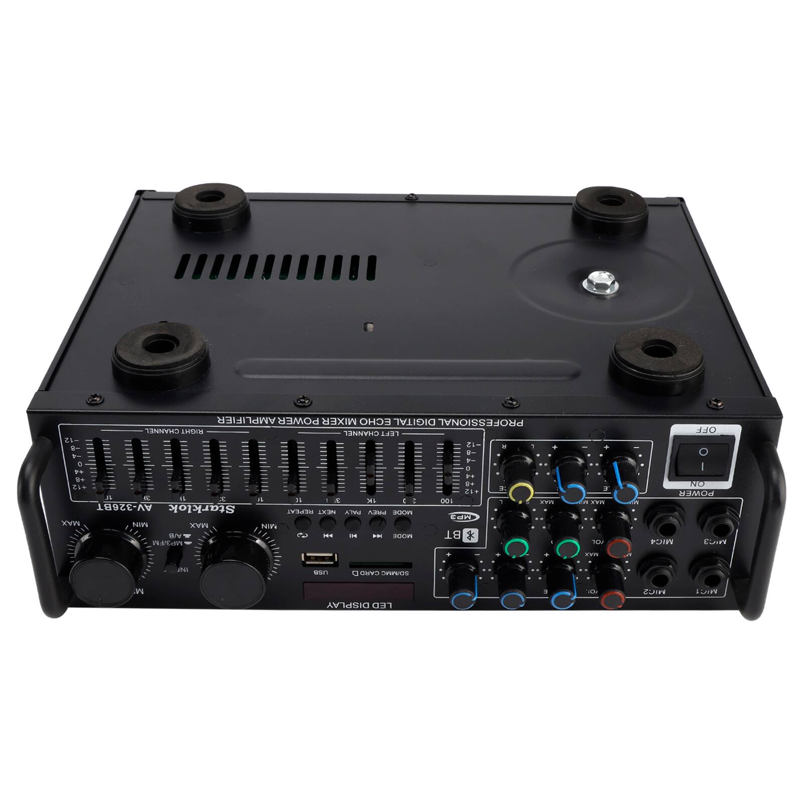 AMPLIFIER POWER MIXER ECHO DIGITAL PROFESSIONAL CHANNEL LHOIN CHANNEL LEFT 8 2 - - * - .. *. 1 a -  E DE . E  A "   7   - E   : 100 . - AV-326BT Starklok SEPEAT N PALY PREV On MP MAX MIN MAX NIn W ~ . - F nOa BT * Waten . . - i TOU OFF I L POWER MICA P - EWWE in N wn a GARD nPvOS M a N HICS n DISPLAY LED