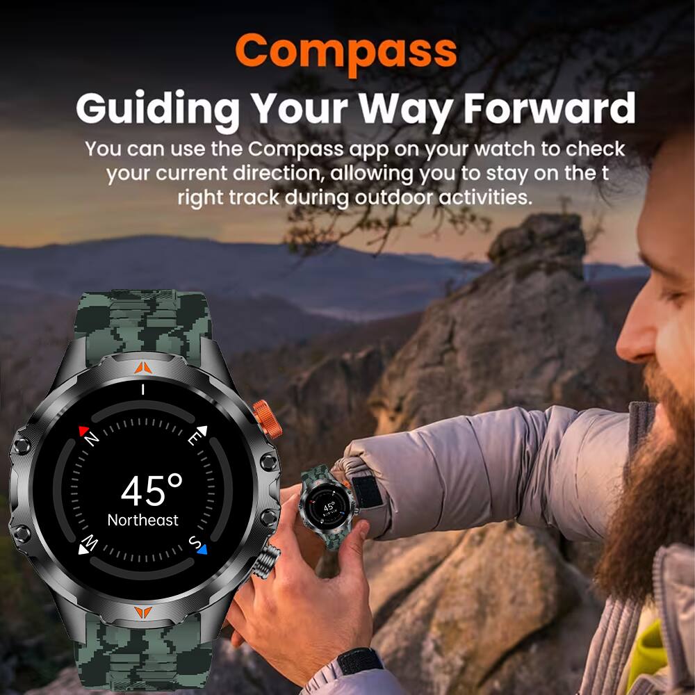 Compass  
Guiding Your Way Forward  

You can use the Compass app on your watch to check your current direction, allowing you to stay on the right track during outdoor activities.  

E 45 Northeast S
