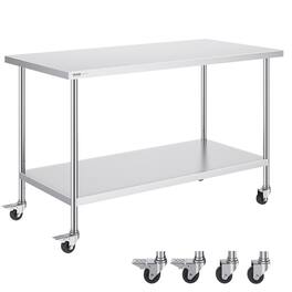 VEVOR - Stainless Steel Work Table 30 x 60 x 38 Inch, with 4 Wheels, 3 Adjustable Height Levels - Silver