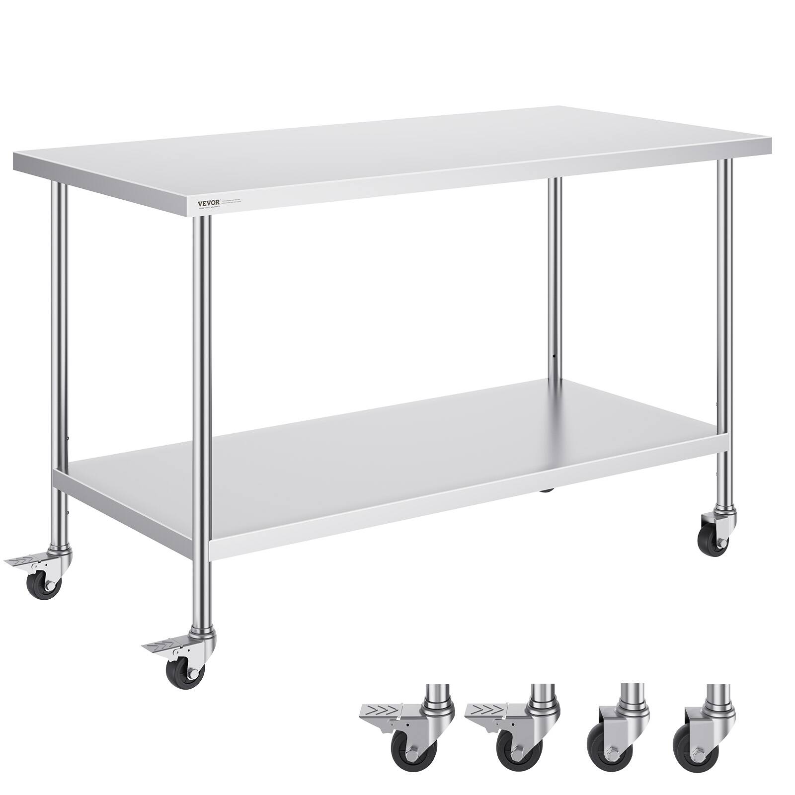 Front. VEVOR - Stainless Steel Work Table 30 x 60 x 38 Inch, with 4 Wheels, 3 Adjustable Height Levels - Sliver.