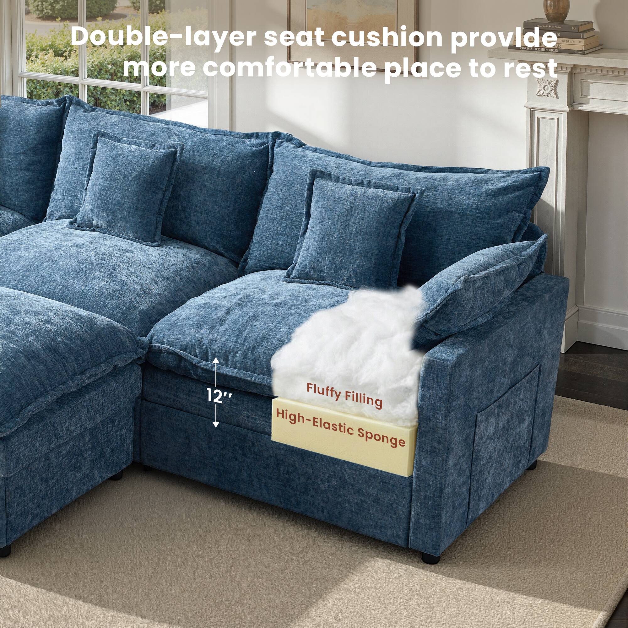 Double-layer seat cushion provide more comfortable place to rest

12" Fluffy Filling High-Elastic Sponge