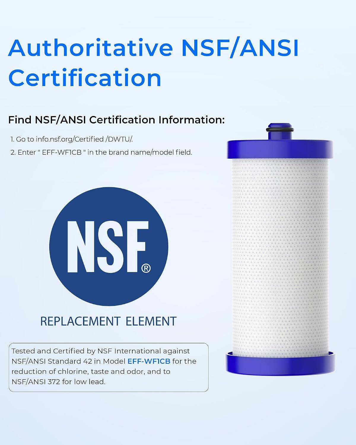 Authoritative NSF/ANSI Certification

Find NSF/ANSI Certification Information:
1. Go to info.nsf.org/Certified/DWTU/.
2. Enter "EFF-WFICB" in the brand name/model field.

NSF® REPLACEMENT ELEMENT

Tested and Certified by NSF International against NSF/ANSI Standard 42 in Model EFF-WFICB for the reduction of chlorine, taste and odor, and to NSF/ANSI 372 for low lead.