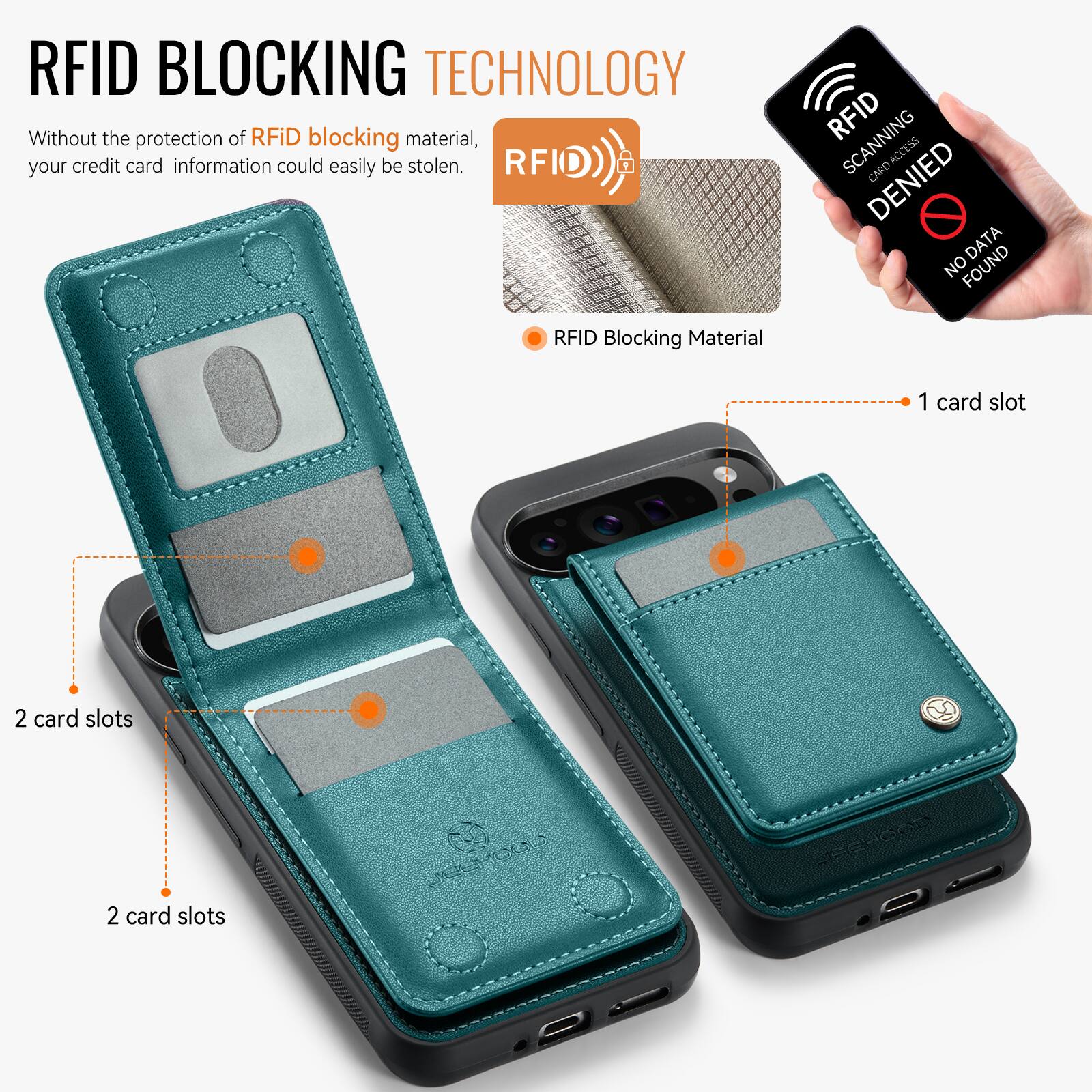 RFID BLOCKING TECHNOLOGY

Without the protection of RFID blocking material, your credit card information could easily be stolen.

RFID Blocking Material

1 card slot

2 card slots

2 card slots