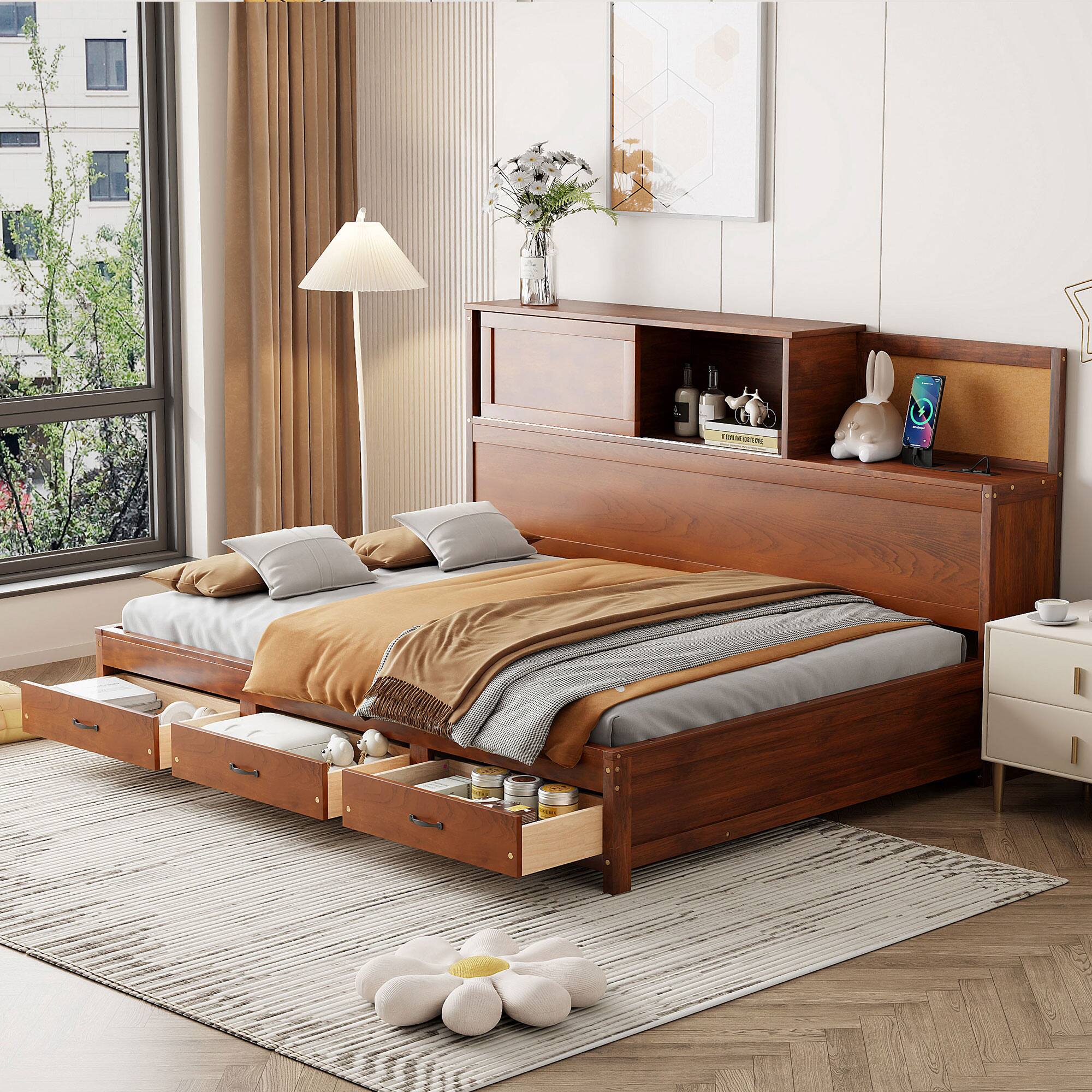 Front. Tiramisubest - Full Size Wooden Daybed with 3 Storage Drawers, Upper Soft Board, shelf, and a set of Sockets and USB Ports, Walnut - Walnut.