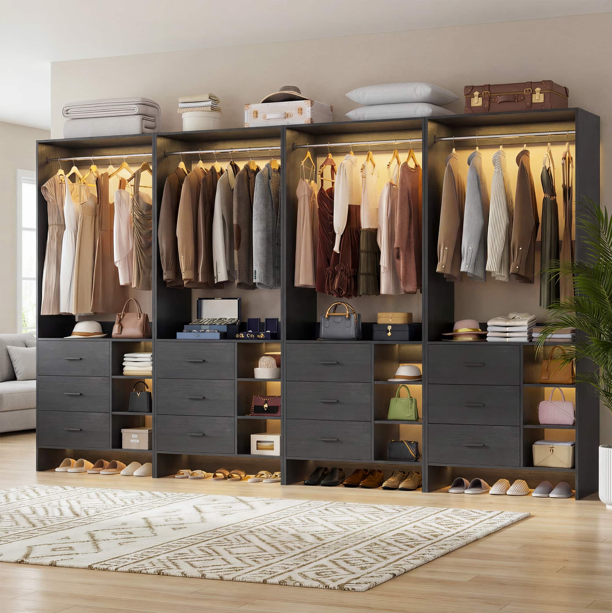 Front. Aheaplus - 10FT Large Closet System 4-Piece Set with 12 Drawers, 118'' Walk-in Closet Organizer with Hanging Rods for Closet - Black.