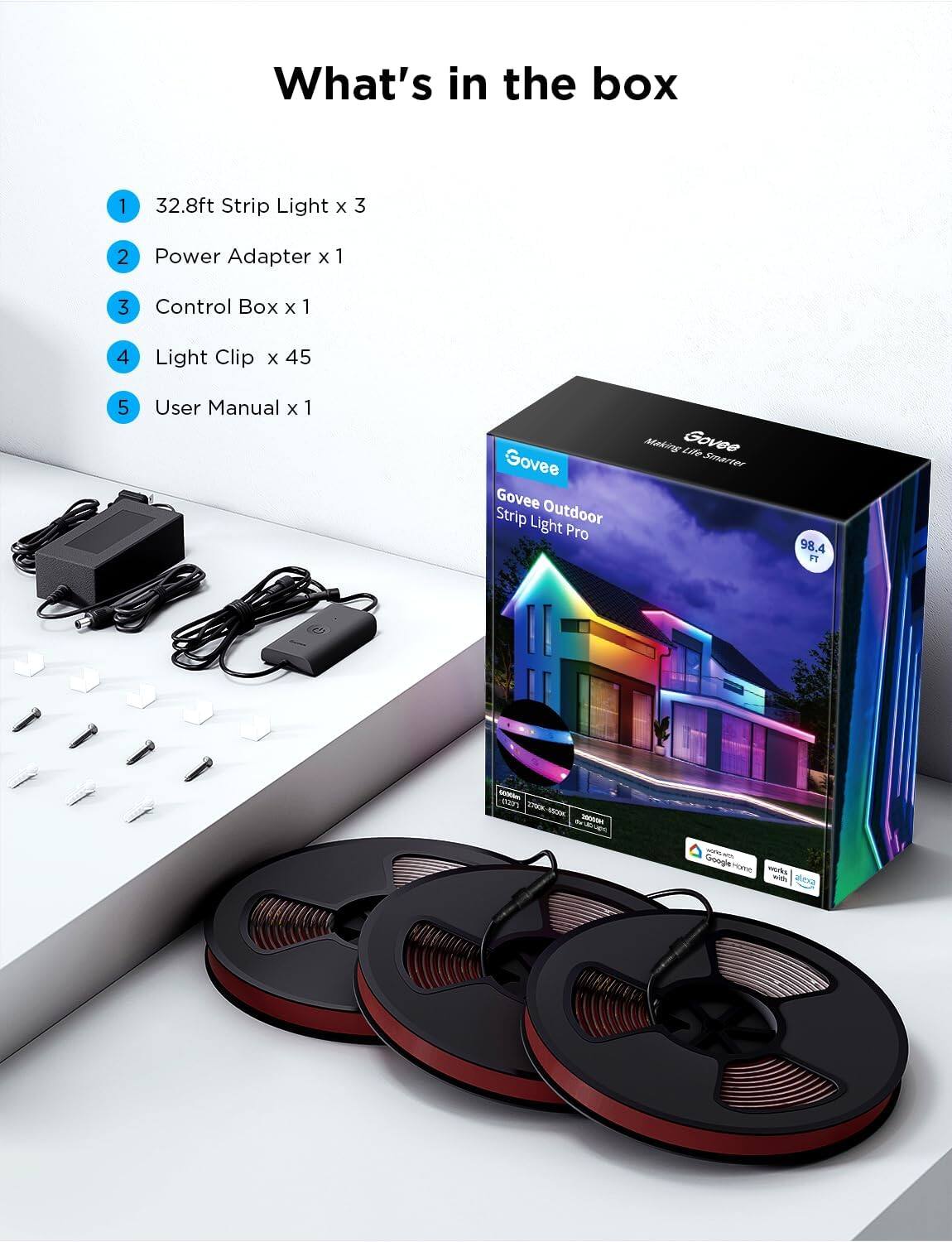 What's in the box

1. 32.8ft Strip Light x 3  
2. Power Adapter x 1  
3. Control Box x 1  
4. Light Clip x 45  
5. User Manual x 1  

Govee Outdoor Strip Light Pro  
98.4 FT  

Govee  
Making Life Smarter  

Google Home  
Works with Alexa