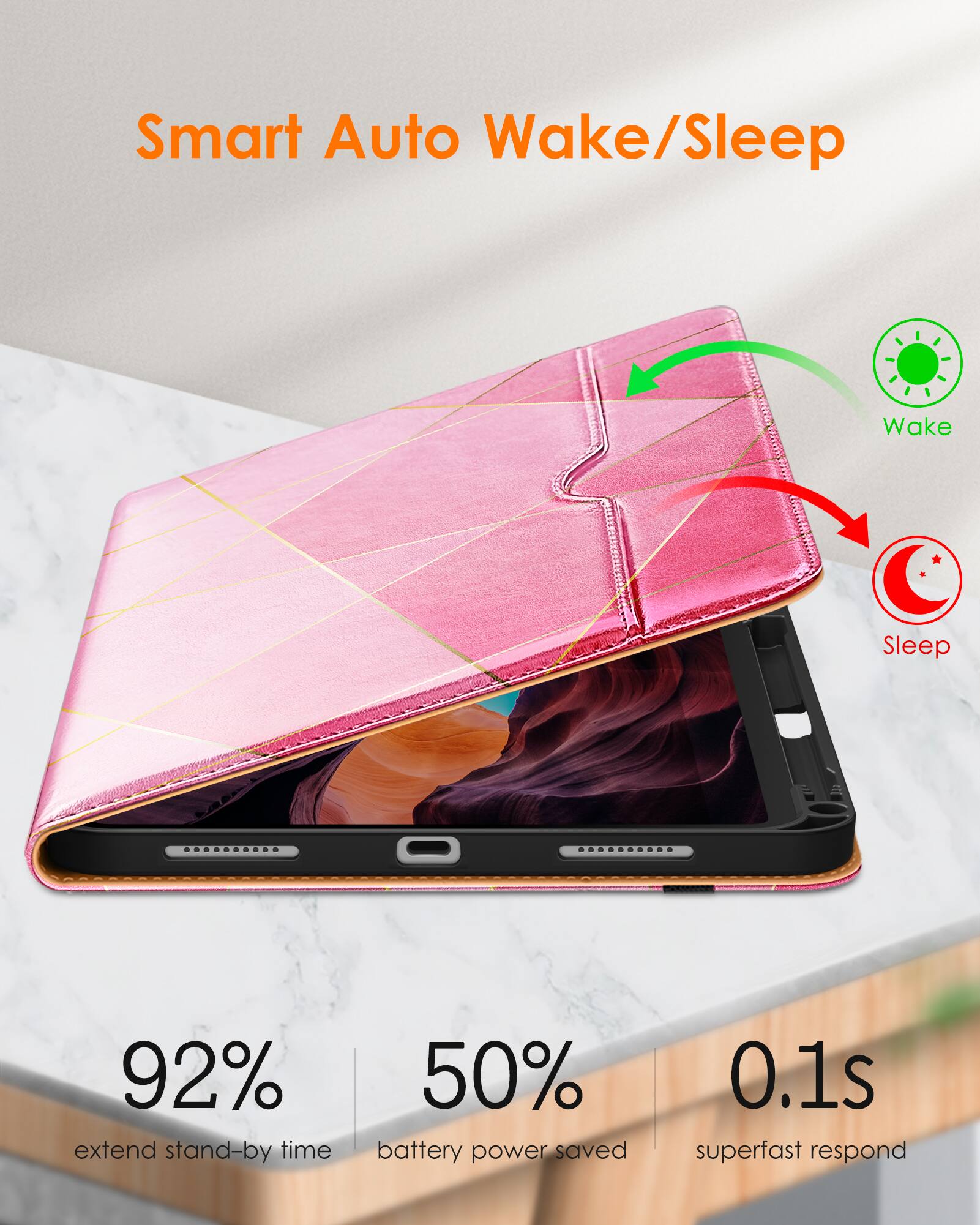 Smart Auto Wake/Sleep

- 92% extend stand-by time
- 50% battery power saved
- 0.1s superfast respond

Wake
Sleep