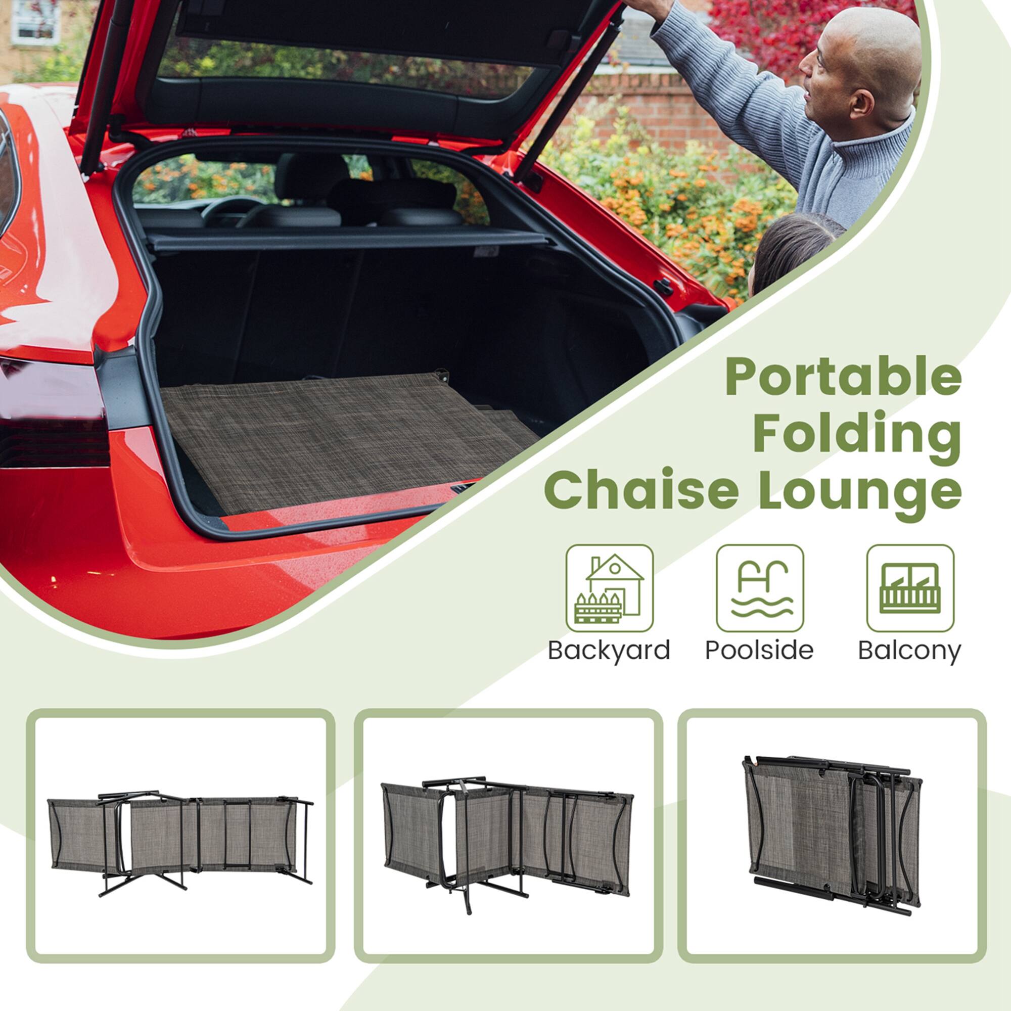 Portable Folding Chaise Lounge for Backyard, Poolside, and Balcony